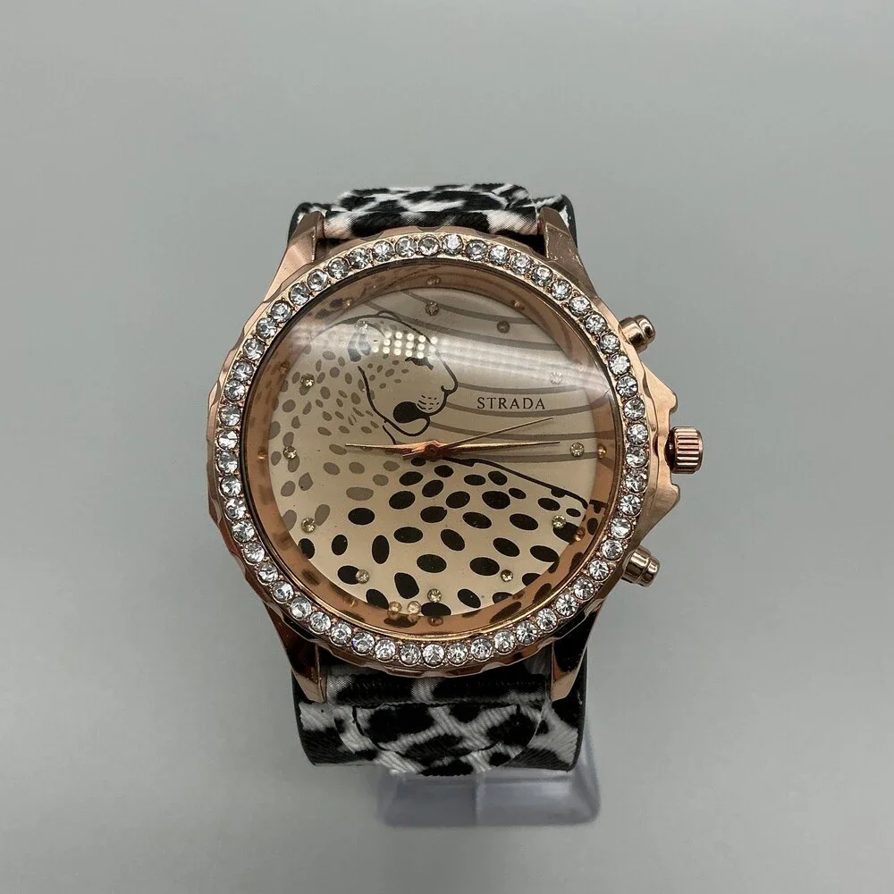 Strada Womens Watch 48mm Cheetah Dial Crystals Animal Print Band New Battery